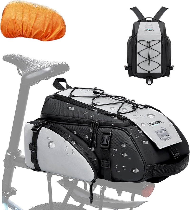 WINPRIM 19L Reflective Bike Rack Bag Water Resistant Cycling Pannier Saddle Shoulder Bag with Rain Cover 4-in-1 Versatile Bag Accessories for Travel Commuting Shopping Outdoor Cycling Night-Riding Fitness - Image 1